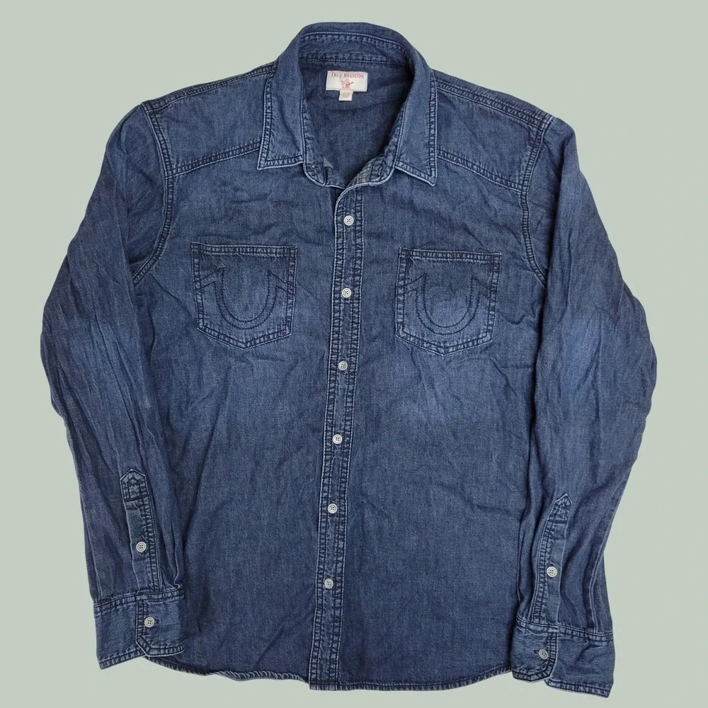 True Religion Mens XL Denim Western Button Down Shirt Blue Horseshoe Logo
